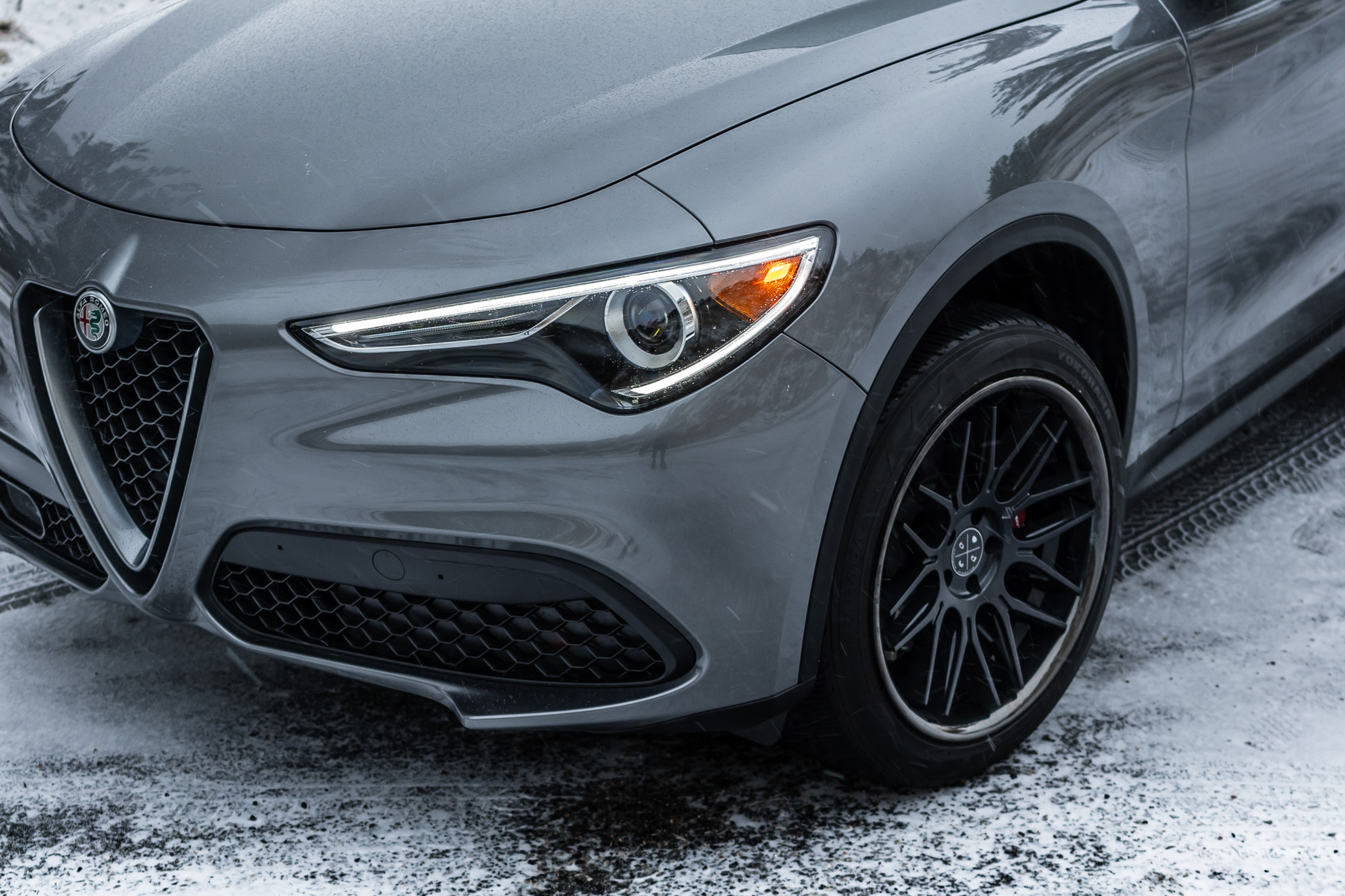 A 2018 Alfa Romeo Stelvio on Blaque Diamond BD-17 Matte Black with Black Chrome Wheels