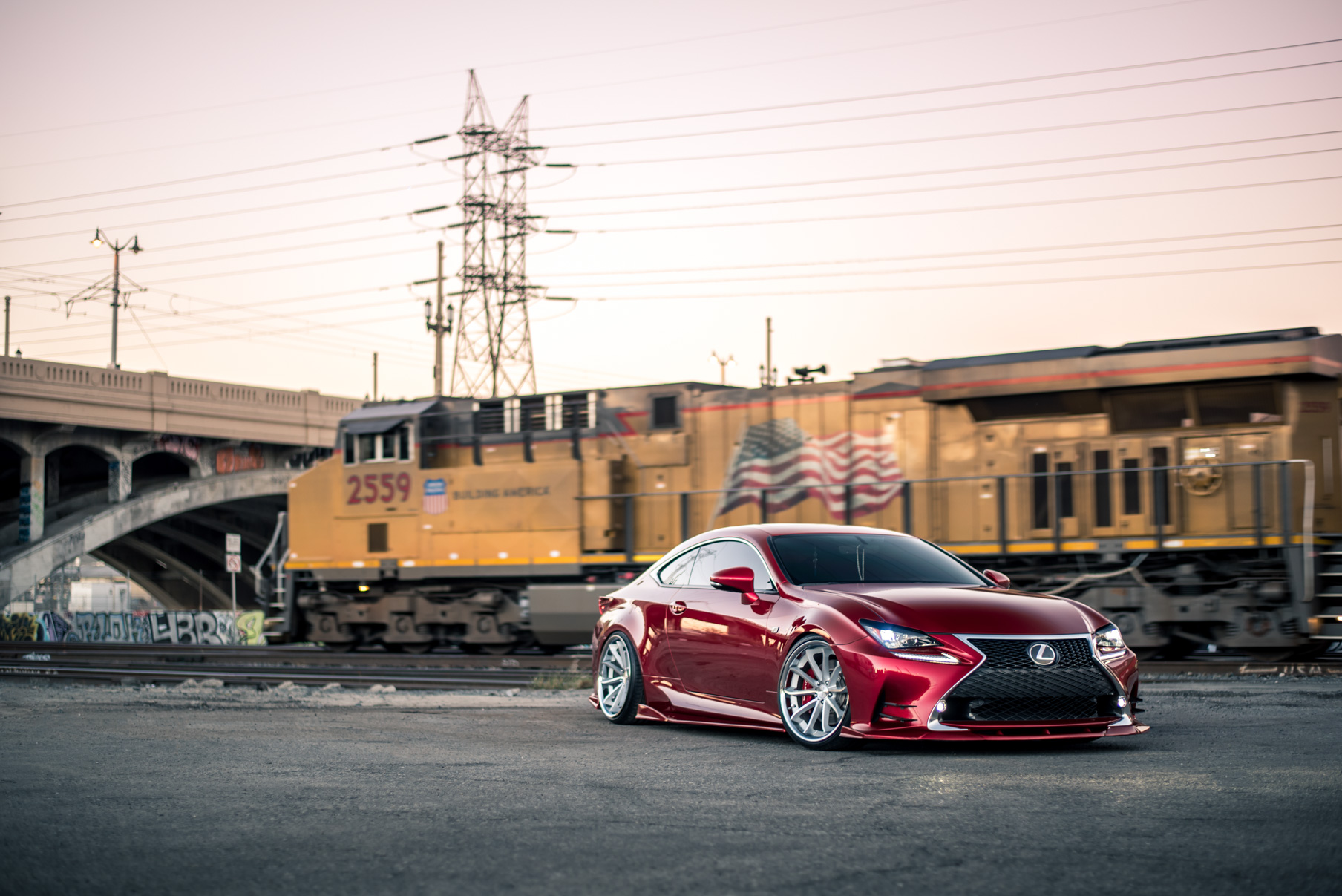 A Lexus RC350 Red Blaque Diamond BD-23 20 Inch Silver Machined Face Wheels