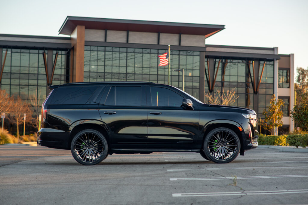 A Black 2021 Cadillac Escalade 600 on 22 Inch Blaque Diamond BD-715 Gloss Black Wheels