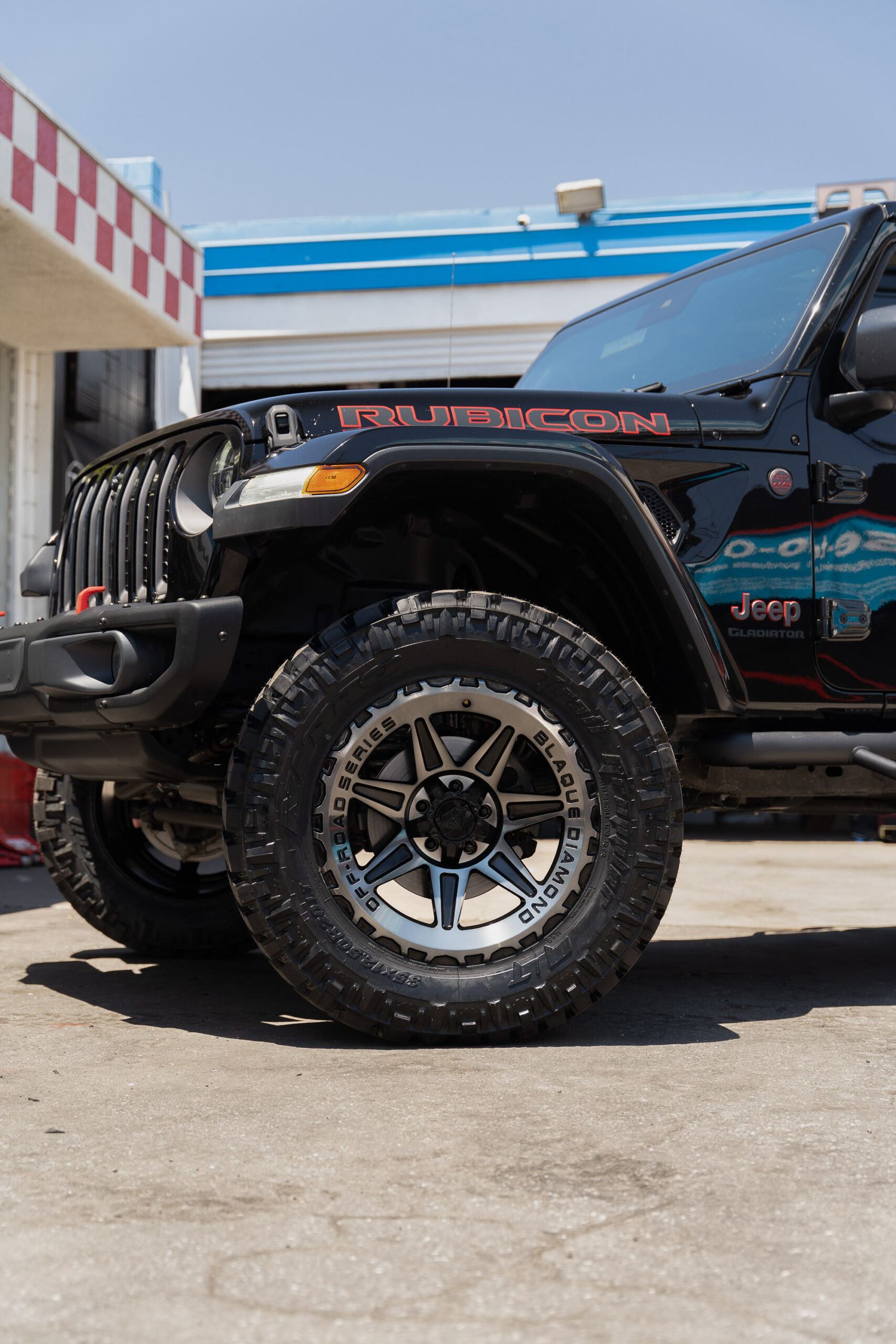 A 2020 Jeep Gladiator on Blaque Diamond BD-O102 Tinted Machined Black Wheels