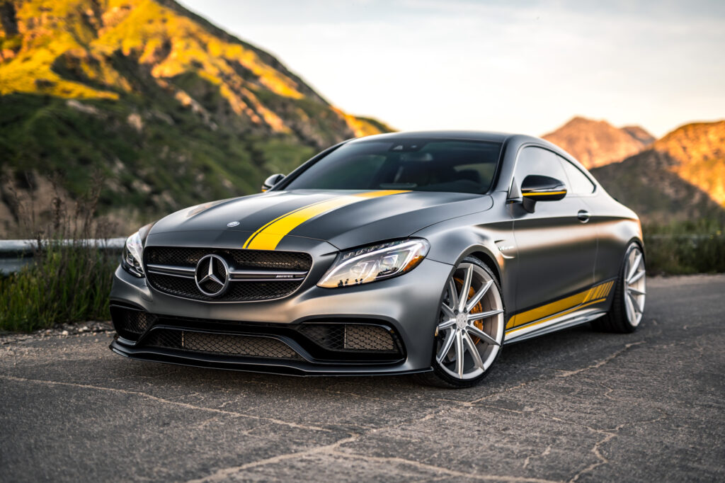 A 2017 Mercedes-Benz C63 S Edition on Blaque Diamond BD11 20 inch Frozen Silver Wheels