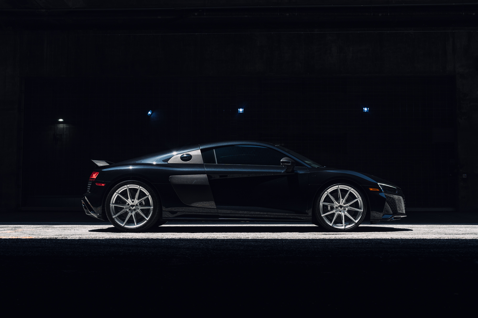 A 2020 Audi R8 on Blaque Diamond BD-F29 Brushed Silver Wheels