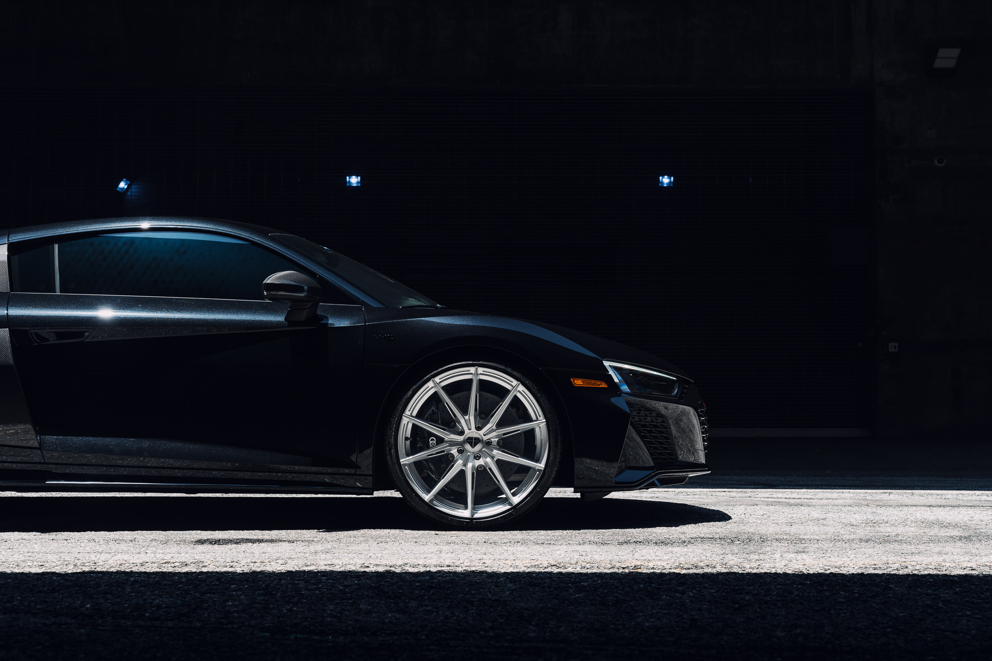 A 2020 Audi R8 on Blaque Diamond BD-F29 Brushed Silver Wheels