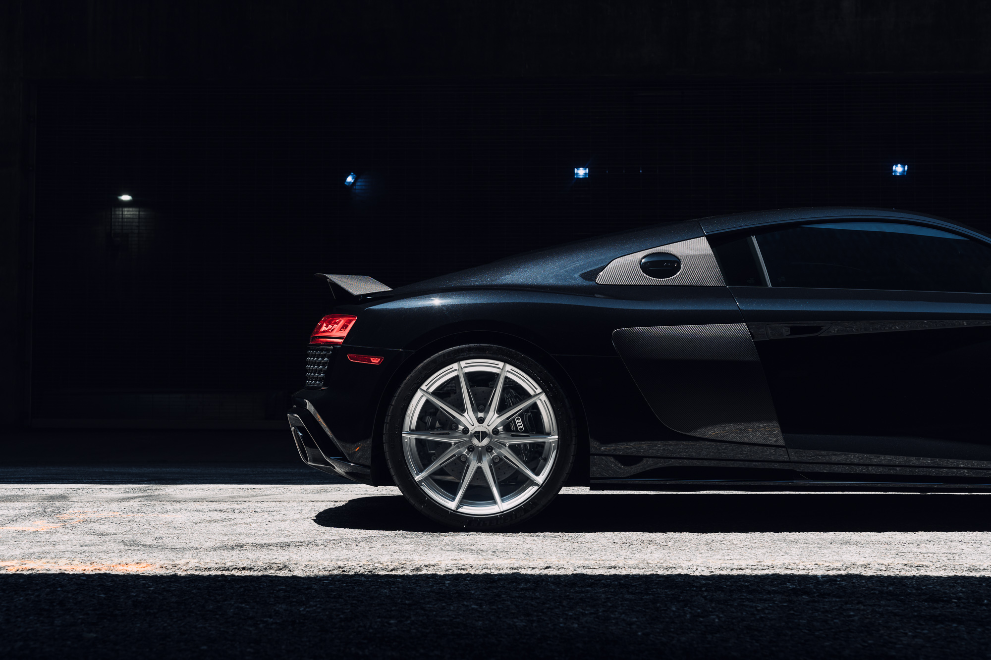 A 2020 Audi R8 on Blaque Diamond BD-F29 Brushed Silver Wheels