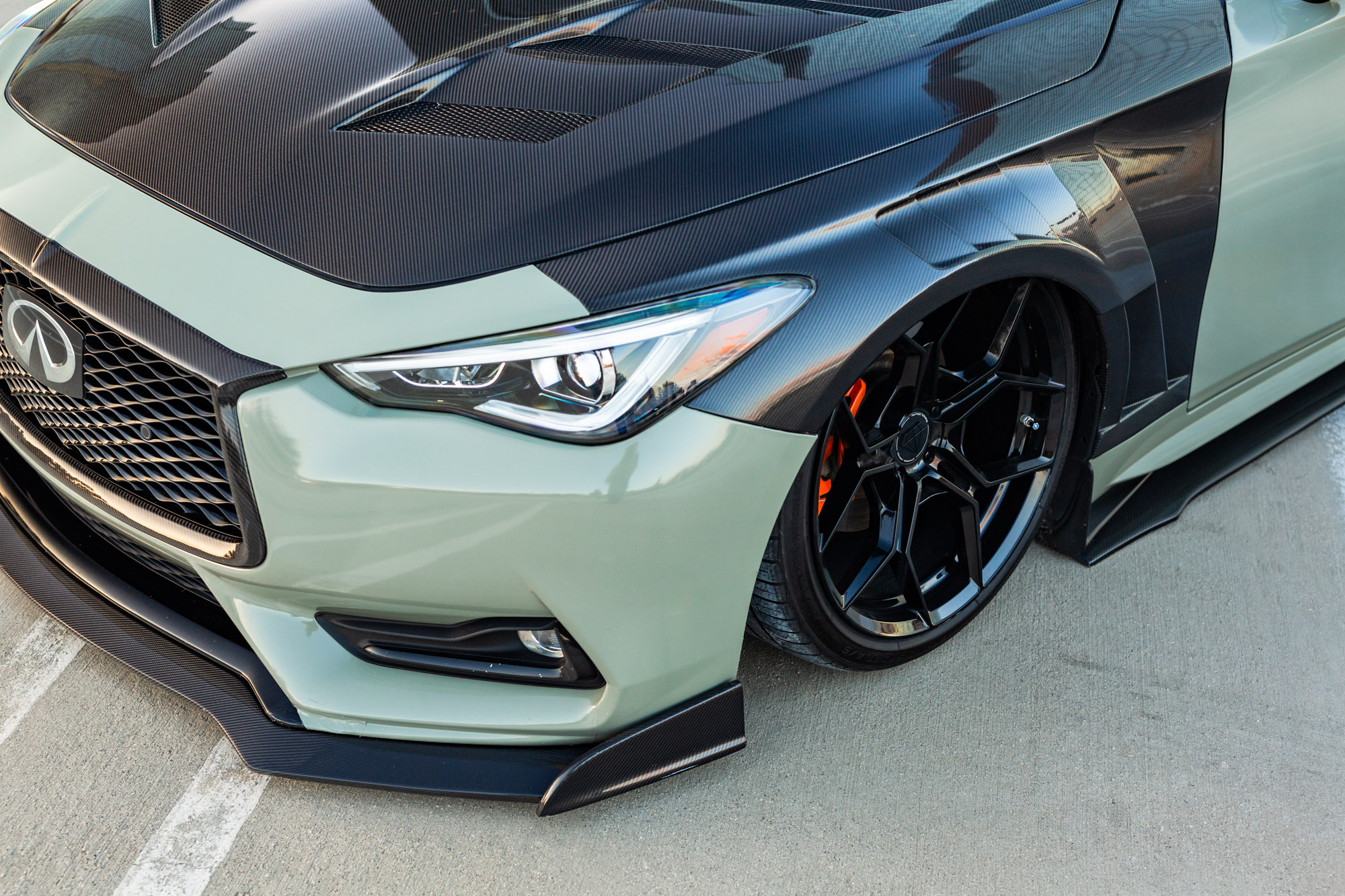 Dark Khaki Green 2017 Infiniti Q60 on Blaque Diamond BD-F25 Gloss Black Wheels