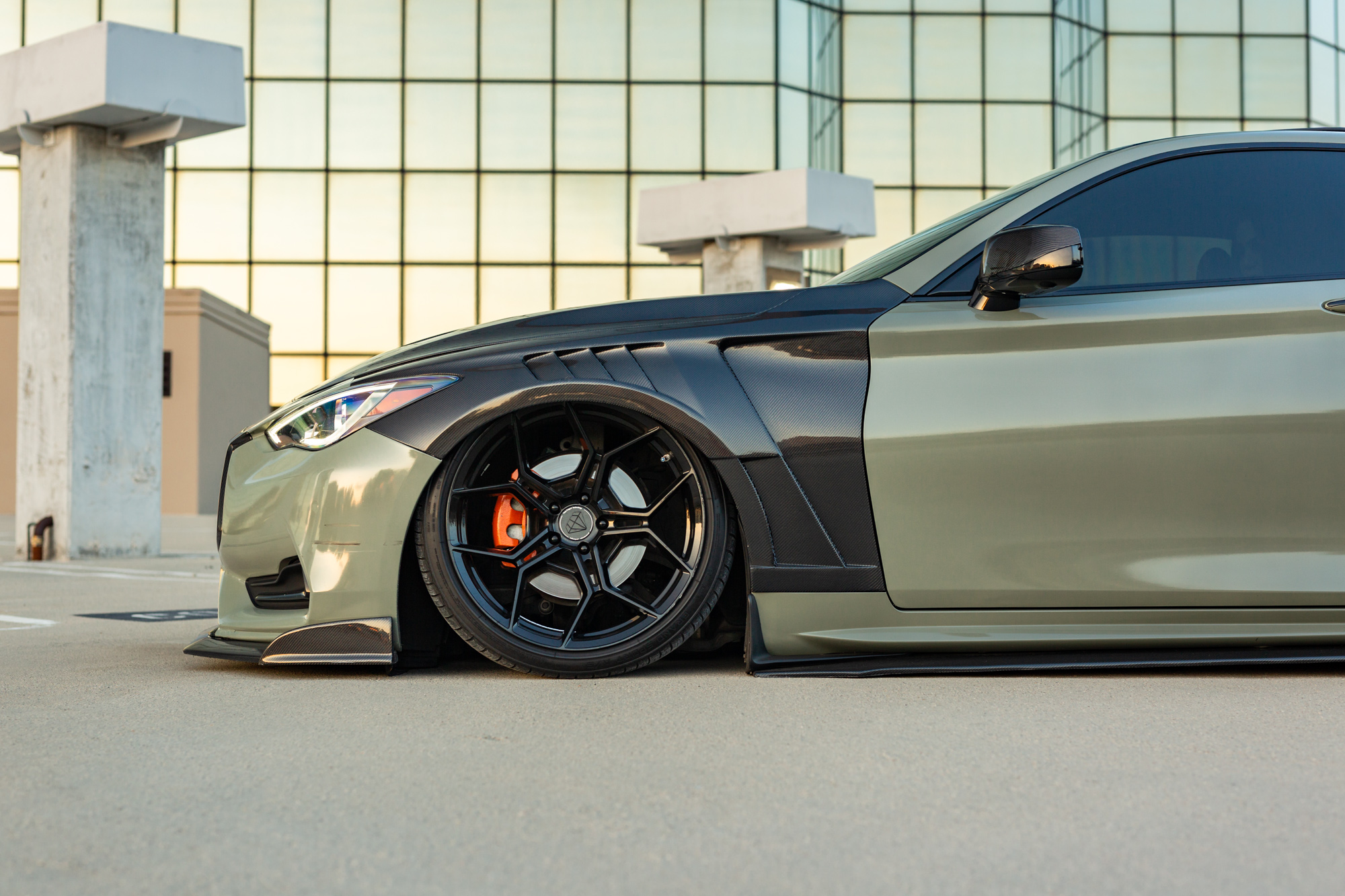 Dark Khaki Green 2017 Infiniti Q60 on Blaque Diamond BD-F25 Gloss Black Wheels