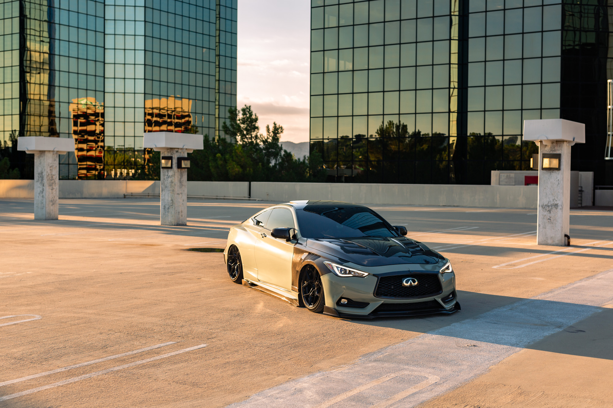 Dark Khaki Green 2017 Infiniti Q60 on Blaque Diamond BD-F25 Gloss Black Wheels