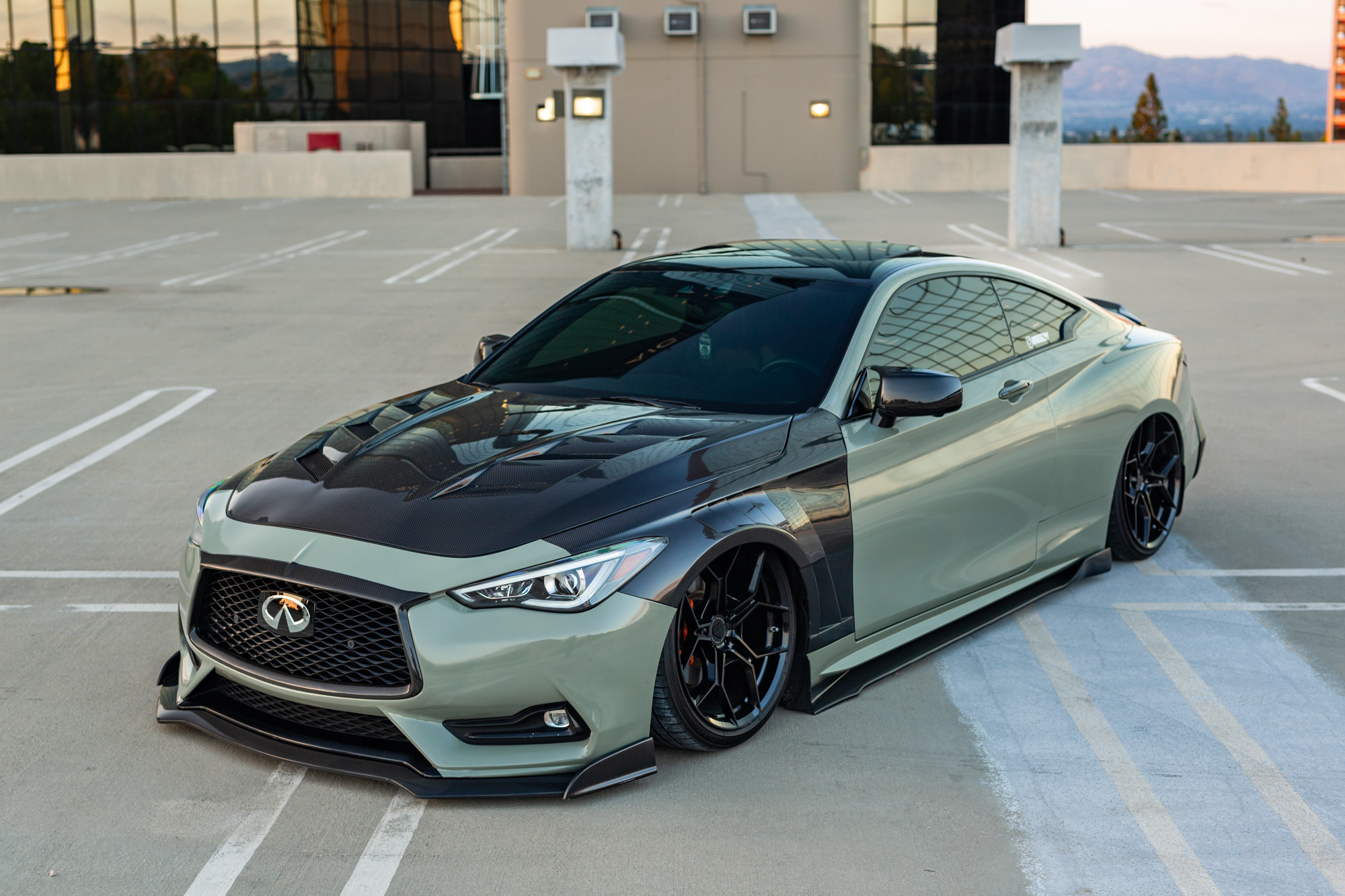 Dark Khaki Green 2017 Infiniti Q60 on Blaque Diamond BD-F25 Gloss Black Wheels
