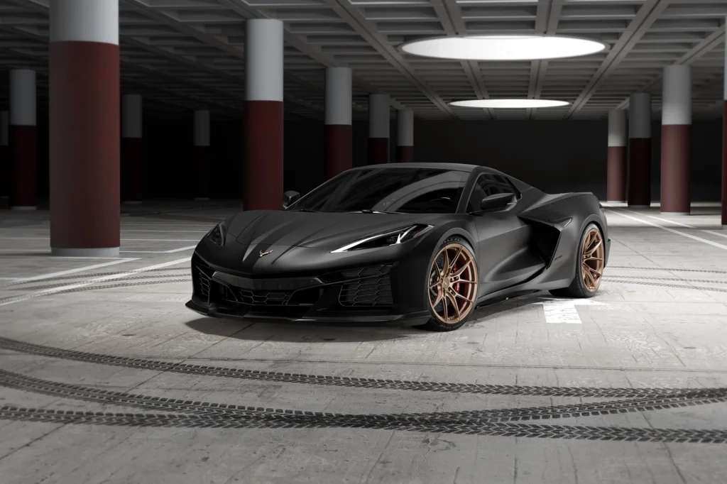 Front three-quarter view of 2025 Corvette C8 Z06 fitted with BD-FR5 forged wheels in Matte Bronze