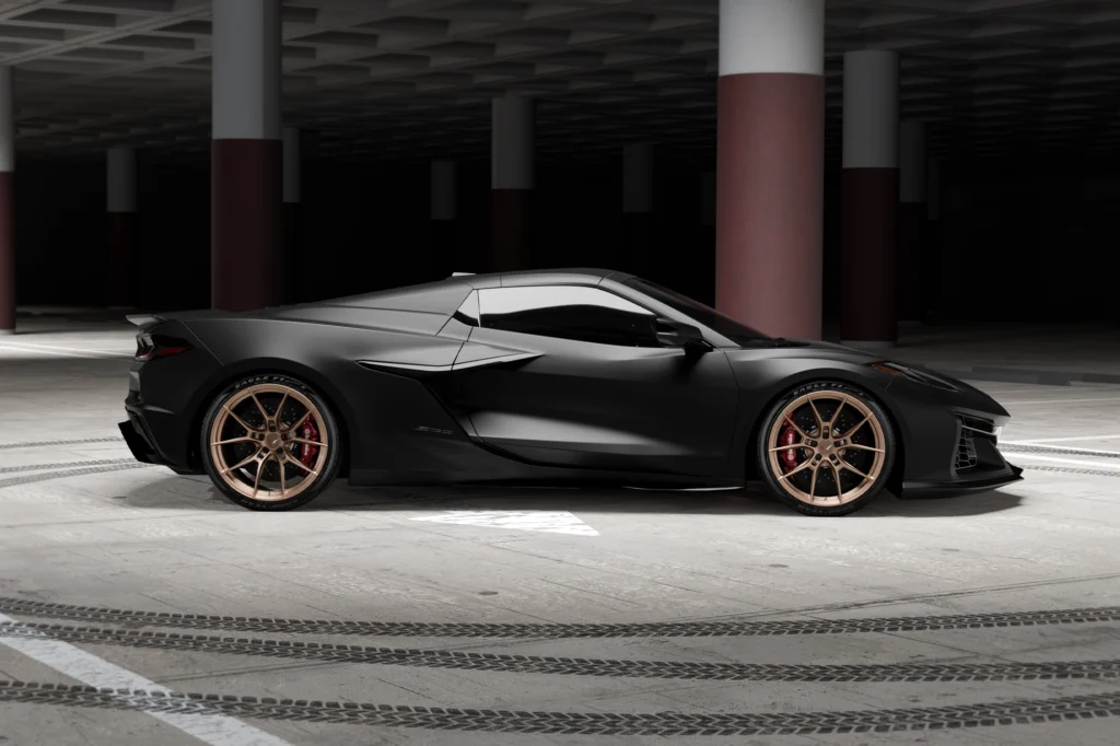Side profile of 2025 Chevy Corvette C8 Z06 on BD-FR5 forged wheels Matte Bronze finish
